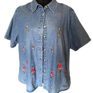 Capistrano Jeans Denim Shirt: Vintage 80s, Pink Red Rose Embroidery, Size L-XL